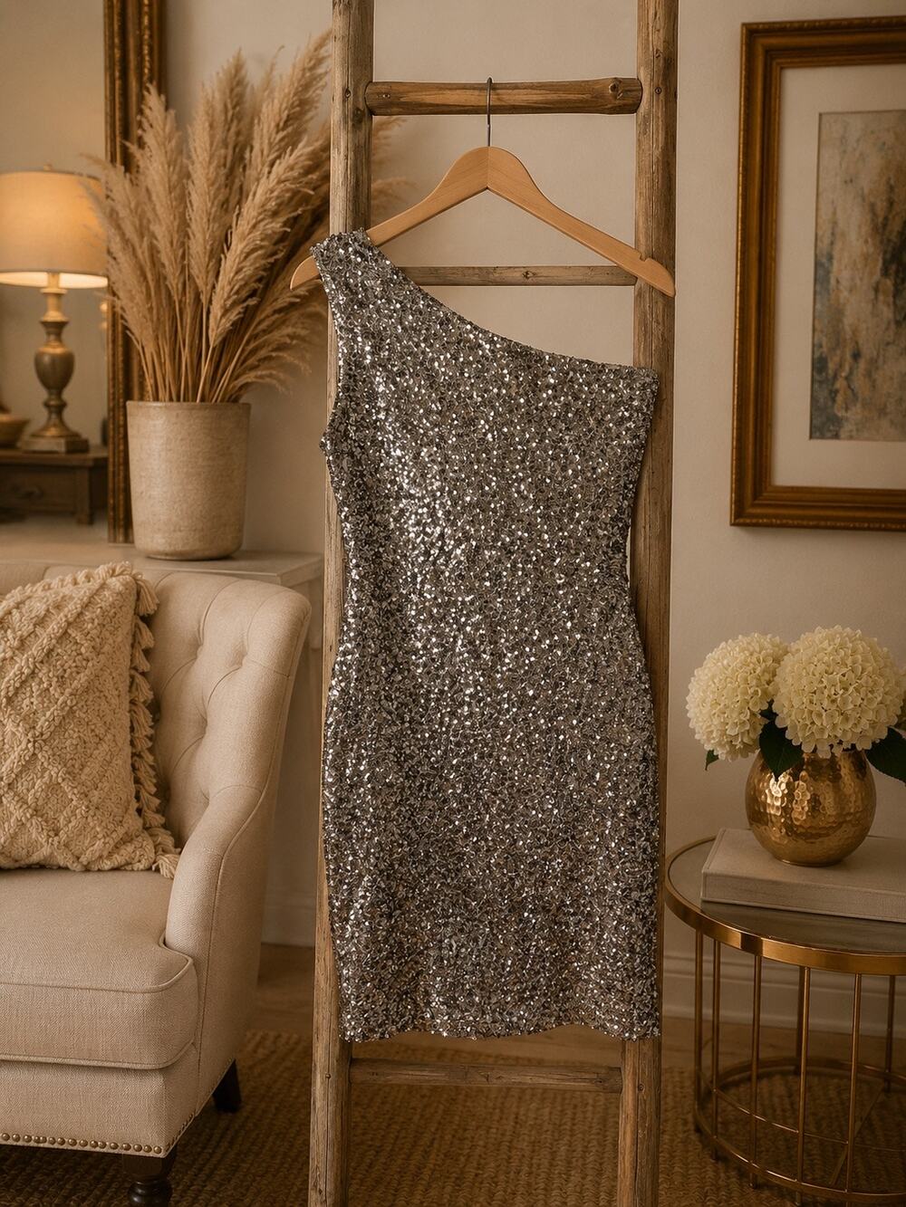 Anna-Kaci Silver Sequin One Shoulder Mini Dress Stretch Party Club M/L Party